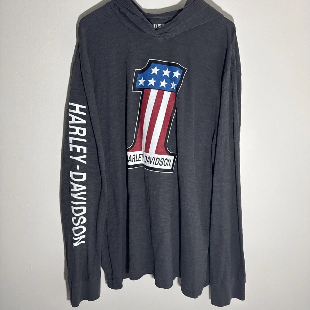 Men's Harley-Davidson Hooded Tee Shirt #1 Race Graphic Hoodie Grey 2XL Logo